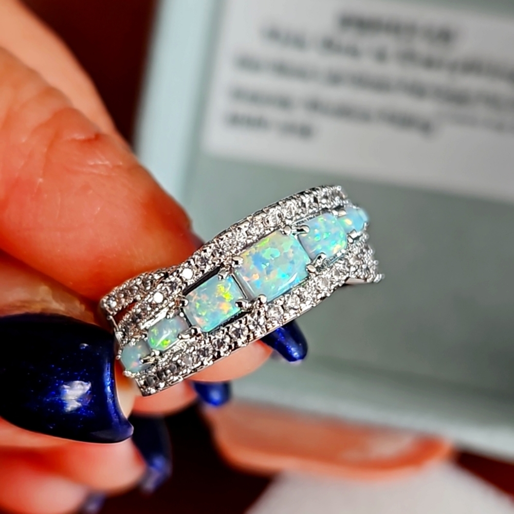 Bomb Party rhodium plating Pale Green Fire Opal ring
